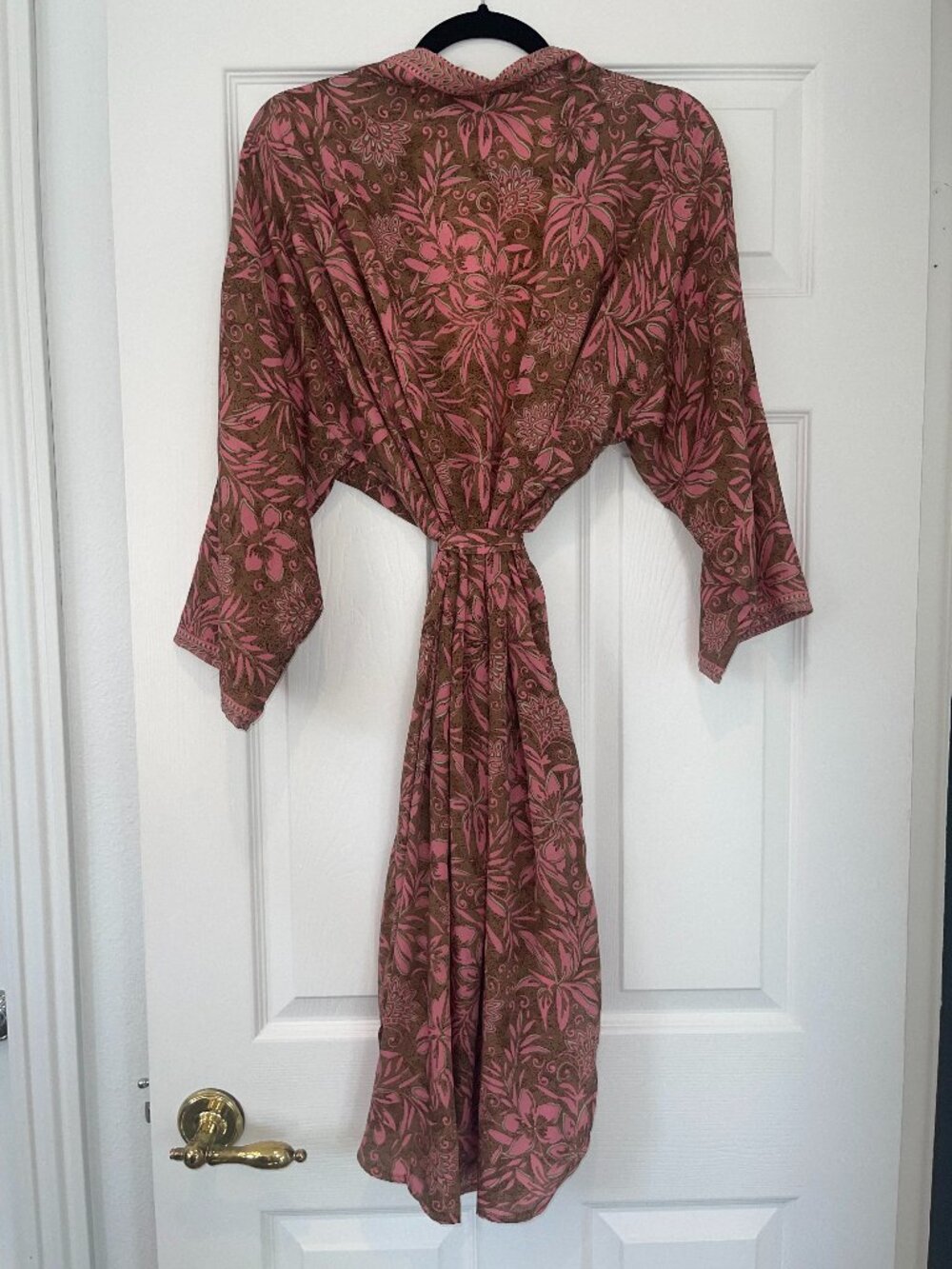 Boho Block Print Kimono Robe | Pink & Brown Floral | Handcrafted in India | OS